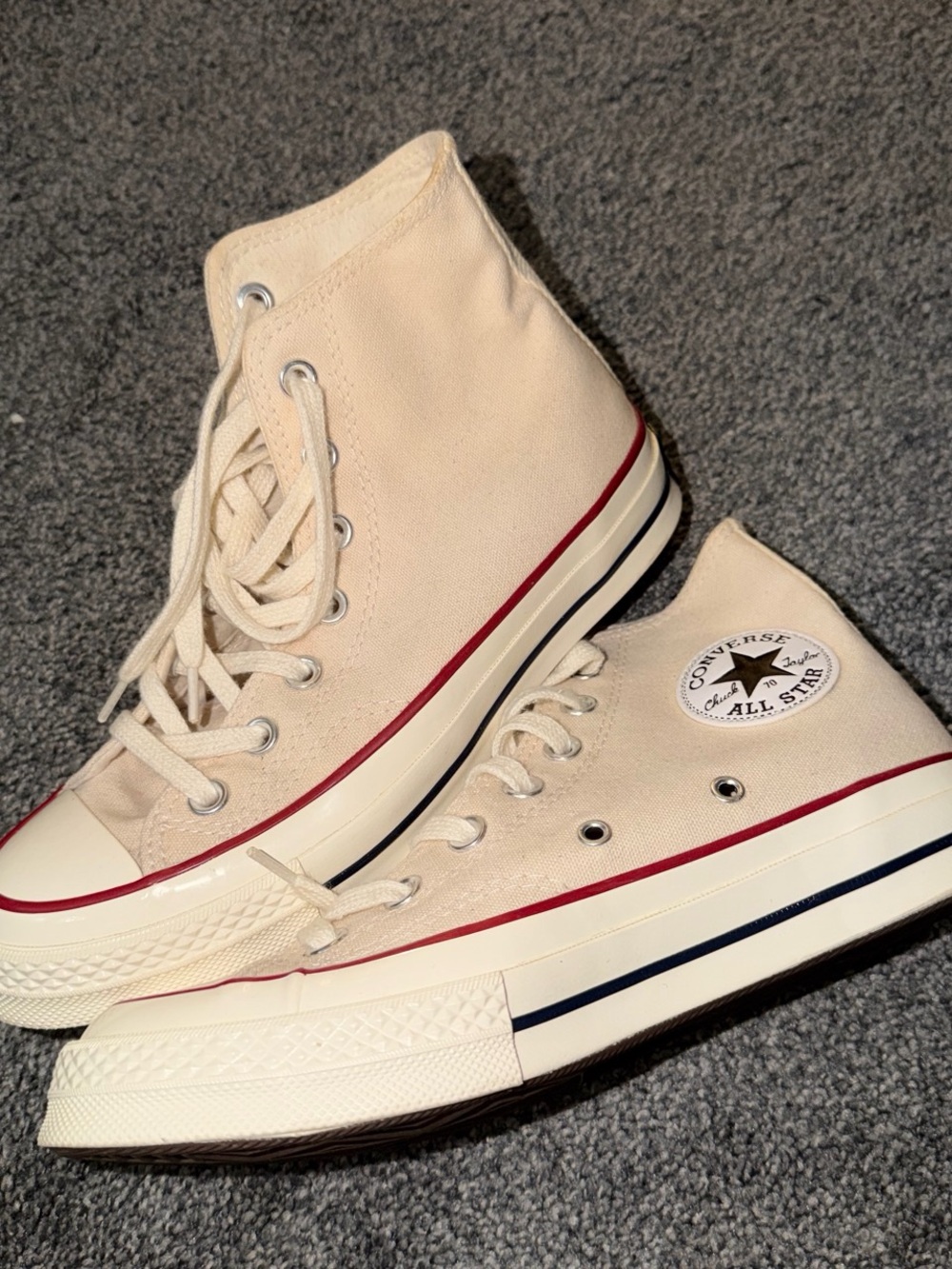 Converse High Top Sneakers - Natural Canvas with Red & Navy Trim - Picture 2 of 5